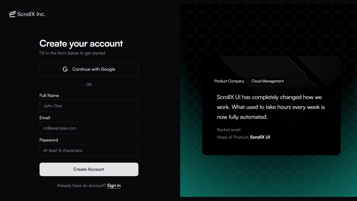 SignUp Sections